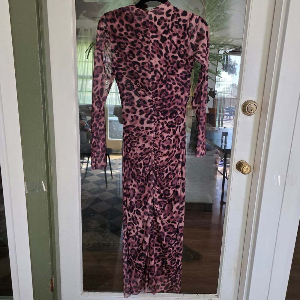 SHEIN Leopard Print Ruched Mesh Maxi Dress Size S brown Black Sheer